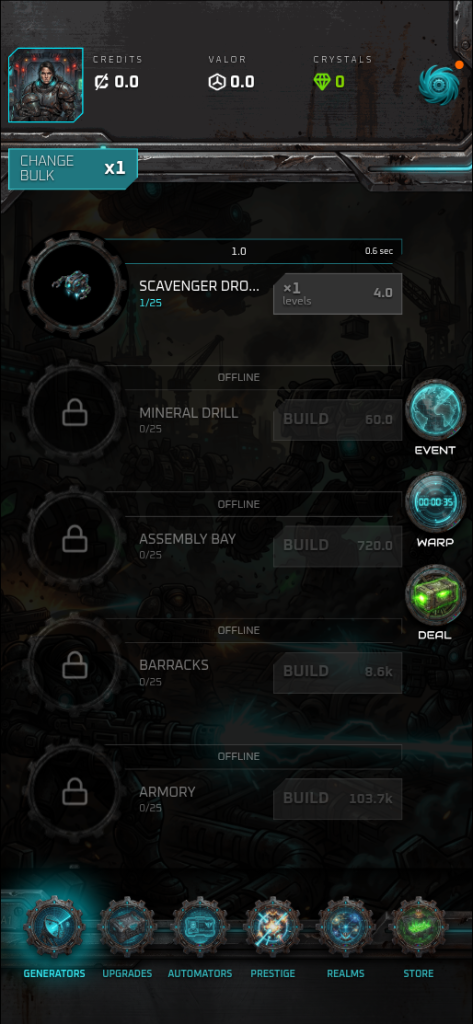 Space Marine Idle gameplay: the Generators screen with Scavenger Drone production running and Mineral Drill, Assembly Bay, Barracks and Armory locked