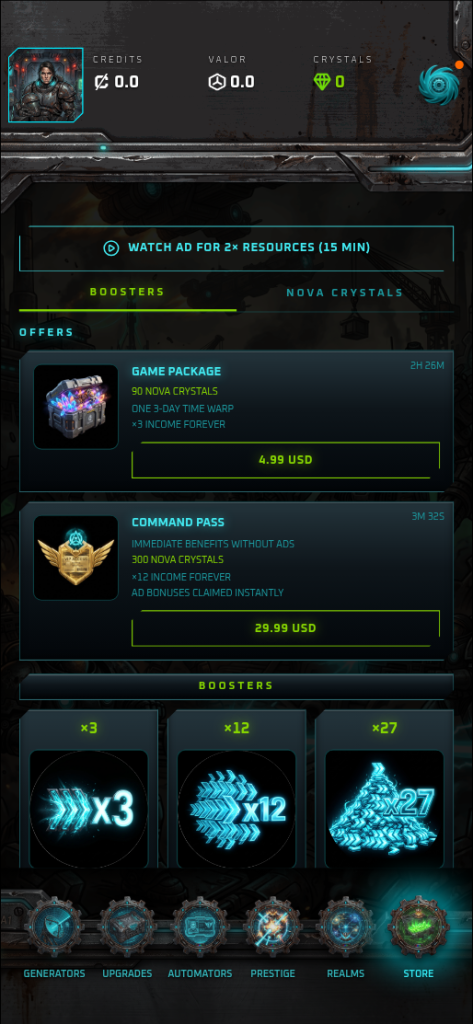 In-game store with a Watch Ad for 2× Resources button, Game Package and Command Pass offers, and ×3, ×12, ×27 boosters